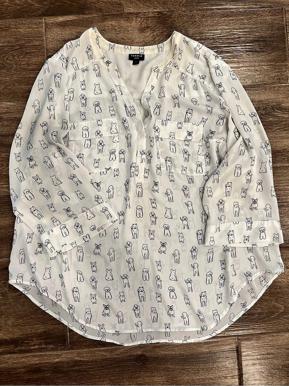 Torrid Women’s Size 2X-18 Sheer Dog Print Chiffon Pocket Blouse Bulldog Corgi 3/